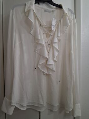 New York & Company Cream Ruffled Lace-Up Blouse